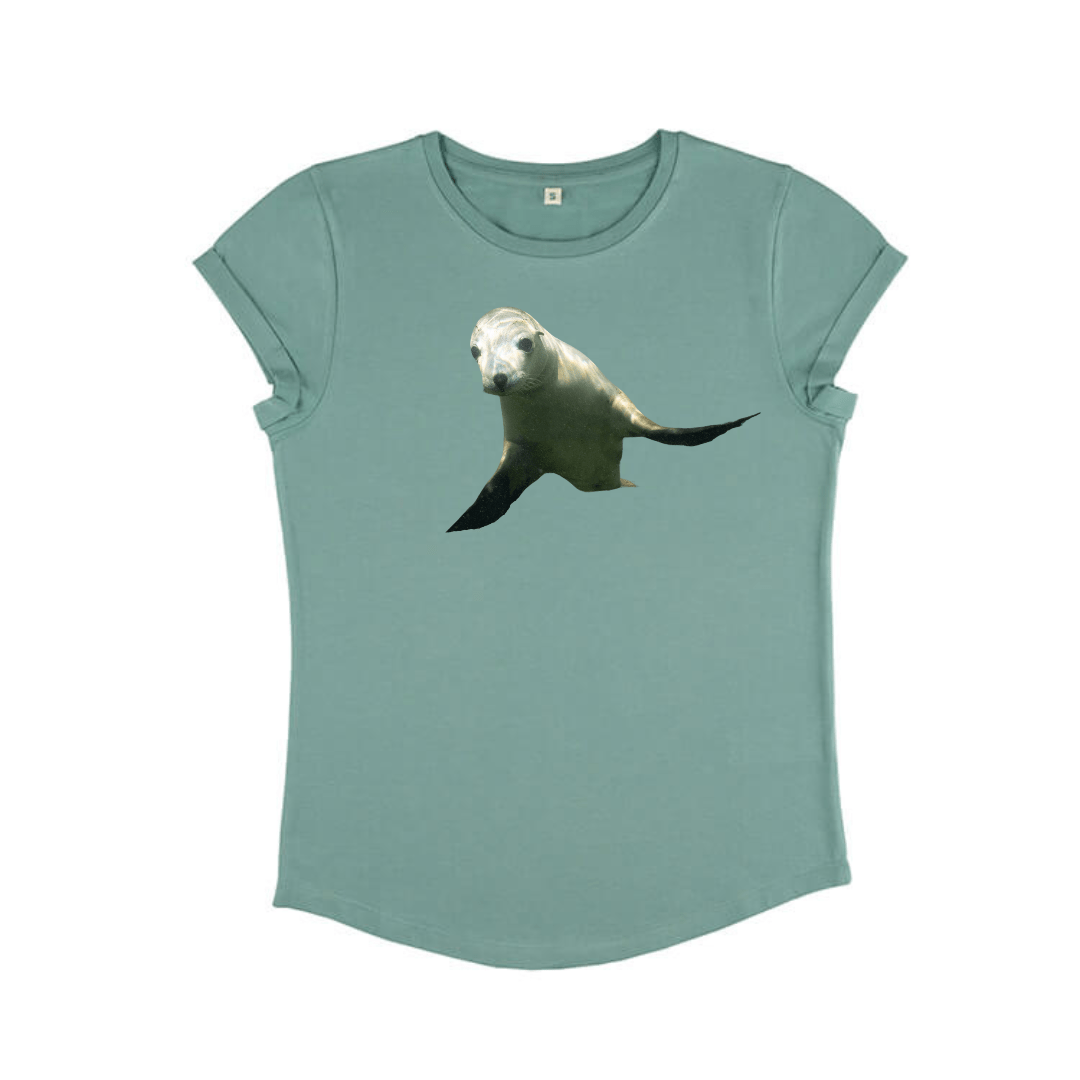 Ladies T Shirt - Sea lion Play on Sage Green - Benni Marine Designs