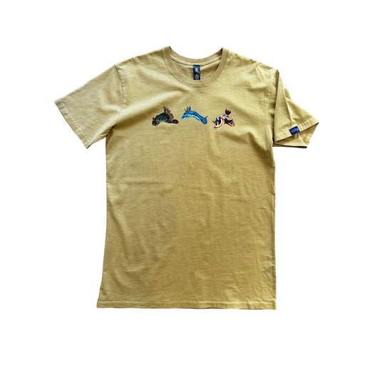 Unisex T Shirt - Nudibranch Trio on mustard