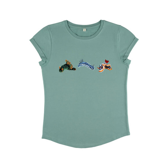 Ladies T Shirt - Nudibranch Trio on Sage Green