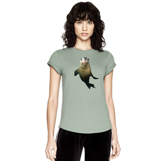 Ladies T Shirt - Sea lion Portrait on Sage Green