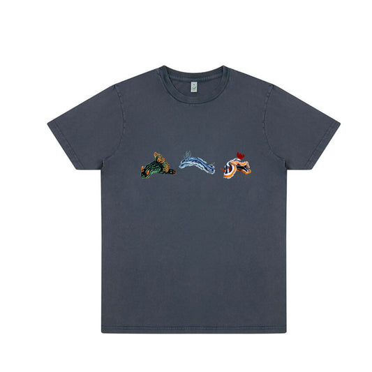 Unisex T Shirt - Nudibranch Trio on stone washed denim