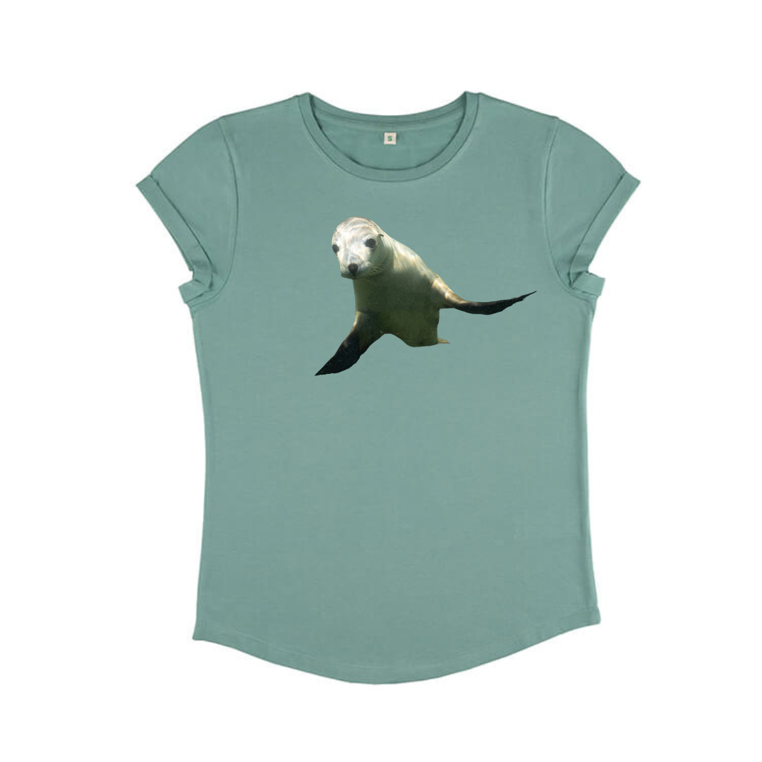 Ladies T Shirt - Sealion Play on Sage Green