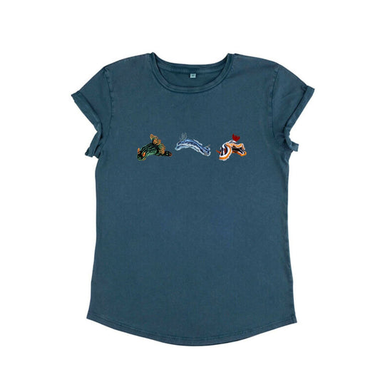 Ladies T Shirt - Nudibranch Trio on Denim - Benni Marine Designs