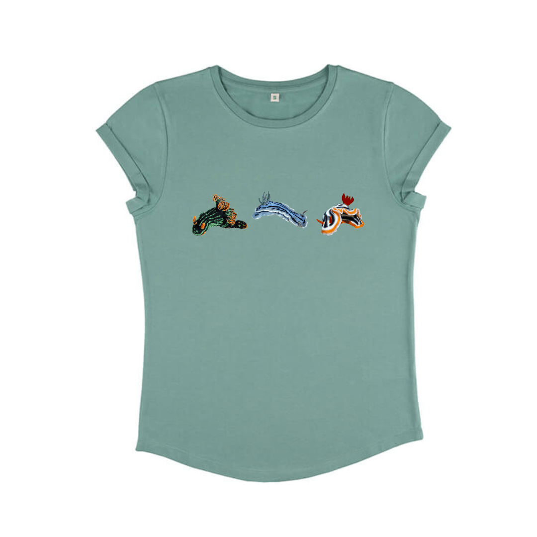 Ladies T Shirt - Nudibranch Trio on Sage Green - Benni Marine Designs