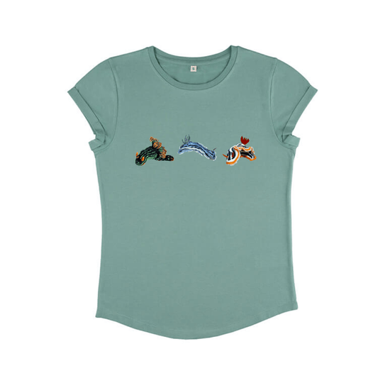 Ladies T Shirt - Nudibranch Trio on Sage Green - Benni Marine Designs