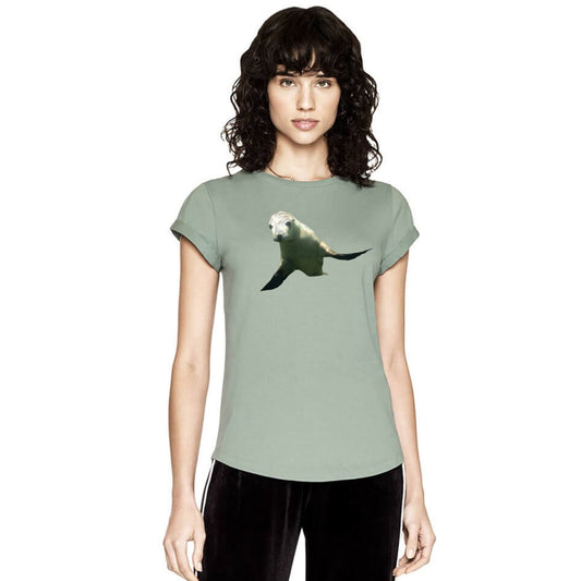 Ladies T Shirt - Sea lion Play on Sage Green - Benni Marine Designs