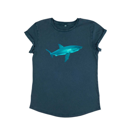 Ladies T Shirt - Shark on stone washed denim - Benni Marine Designs