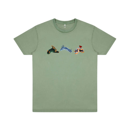 Unisex T Shirt - Nudibranch Trio on sage green - Benni Marine Designs